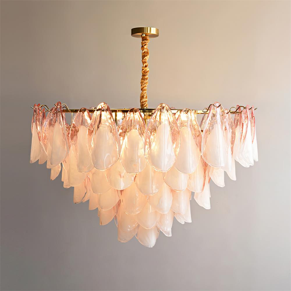 Chandelier Glass Petal 19.6 in Gold Ceiling Light Dining Room Hanging Fixture Artistic Multi Tier Lighting | Thomler
