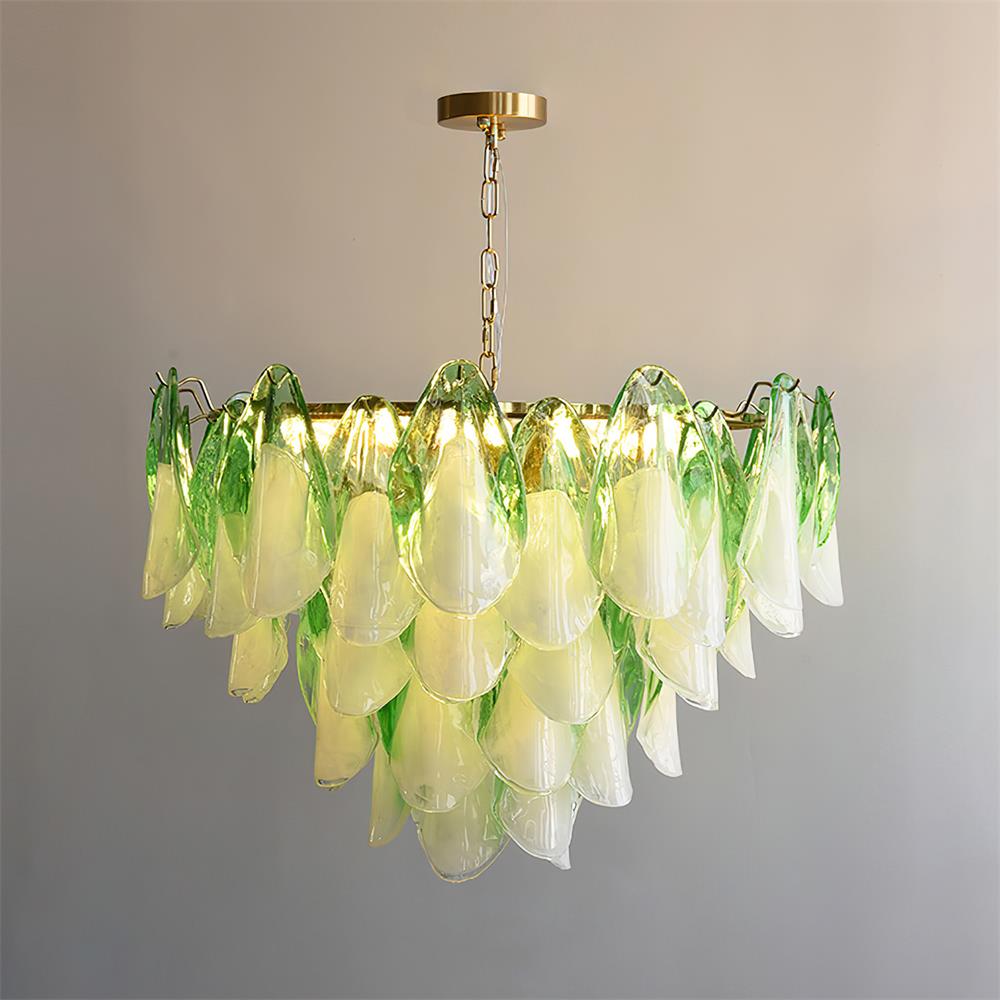 Chandelier Glass Petal 19.6 in Gold Ceiling Light Dining Room Hanging Fixture Artistic Multi Tier Lighting | Thomler