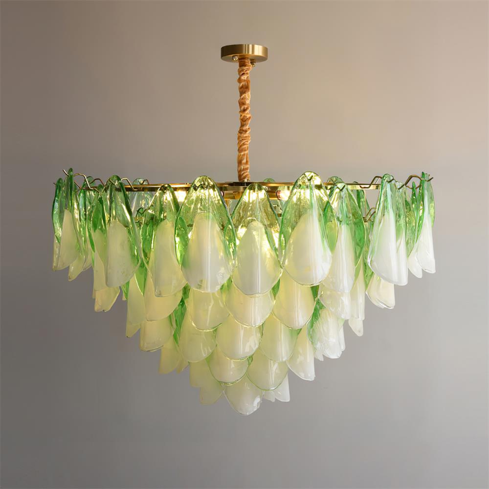 Chandelier Glass Petal 19.6 in Gold Ceiling Light Dining Room Hanging Fixture Artistic Multi Tier Lighting | Thomler