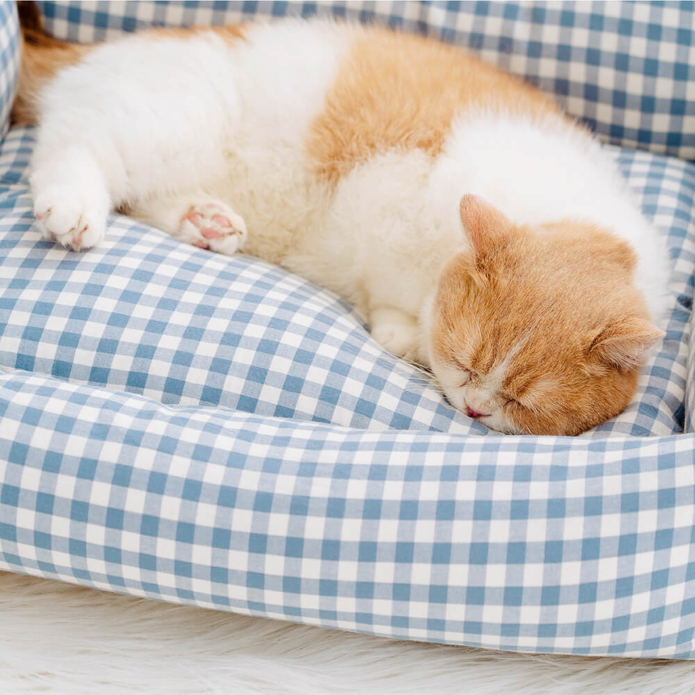 Checkered Cotton Dog & Cat Lounger with Bolster Edge – Washable Pillow-Style Pet Cushion | Thomler