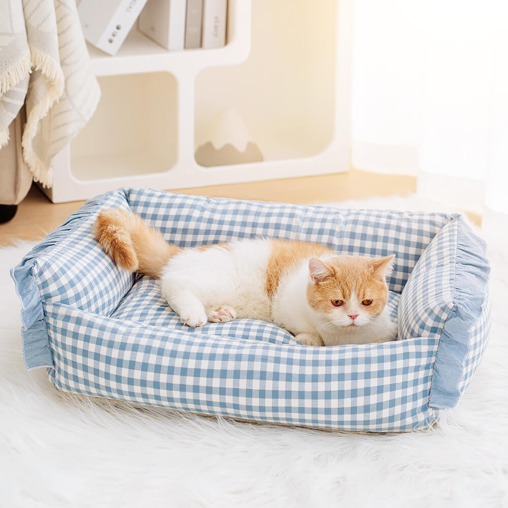 Checkered Cotton Dog & Cat Lounger with Bolster Edge – Washable Pillow-Style Pet Cushion | Thomler