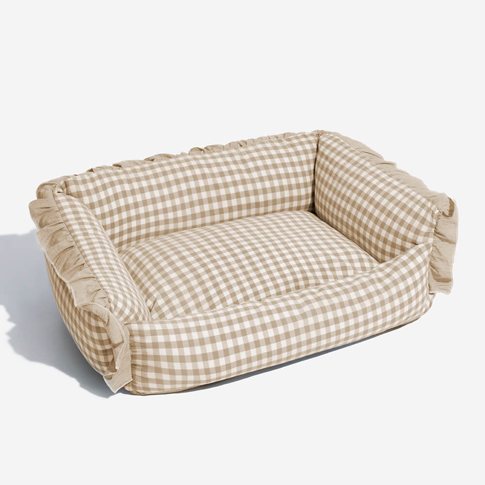 Checkered Cotton Dog & Cat Lounger with Bolster Edge – Washable Pillow-Style Pet Cushion | Thomler