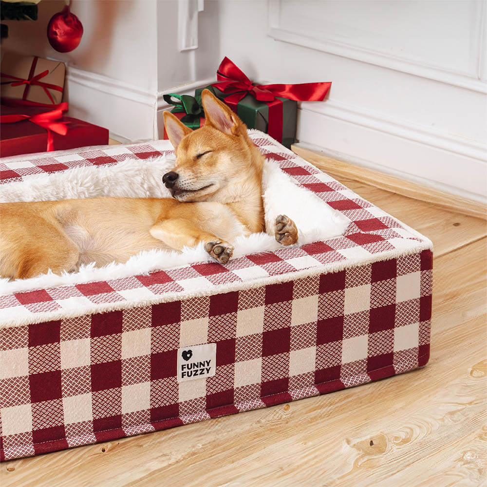 Plaid Raised-Edge Dog Bed with Memory Foam Bolster Support for Calming Sleep | Small to Extra Large Sizes | Classic Checkered Pattern Pet | Thomler