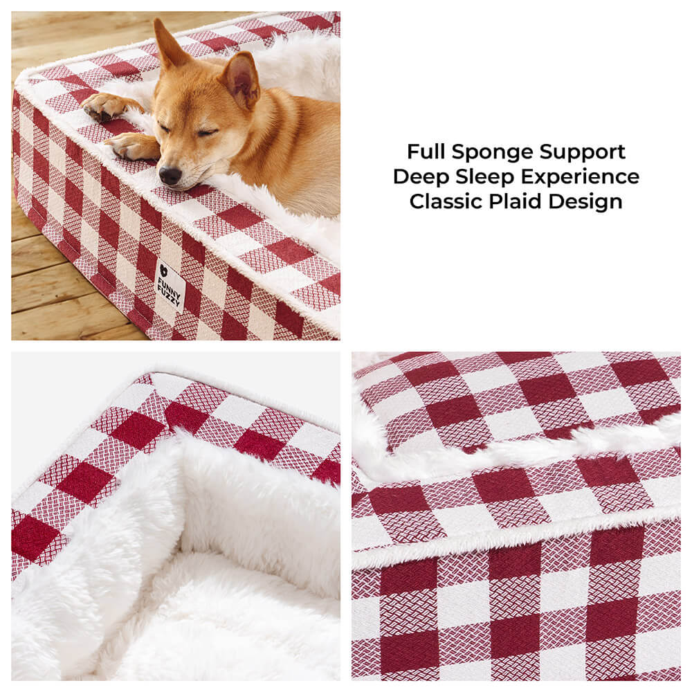 Plaid Raised-Edge Dog Bed with Memory Foam Bolster Support for Calming Sleep | Small to Extra Large Sizes | Classic Checkered Pattern Pet | Thomler