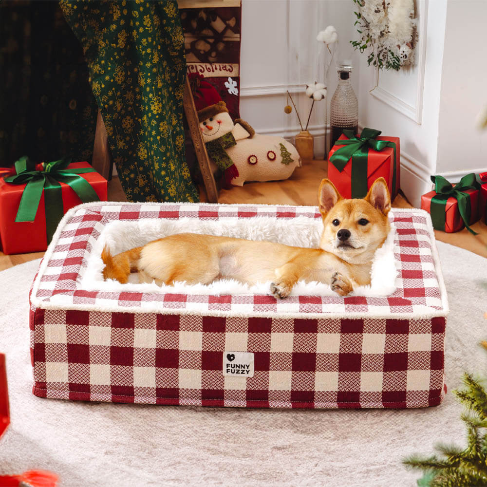 Plaid Raised-Edge Dog Bed with Memory Foam Bolster Support for Calming Sleep | Small to Extra Large Sizes | Classic Checkered Pattern Pet | Thomler