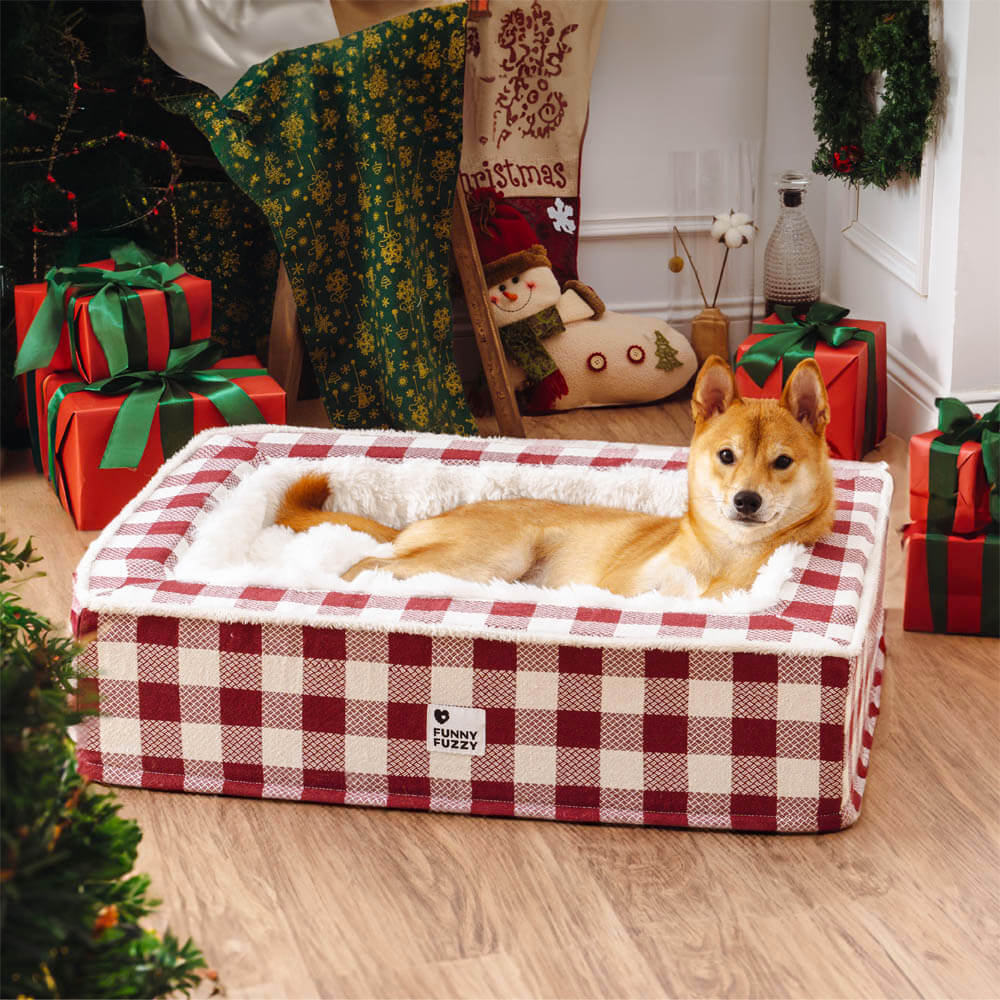 Plaid Raised-Edge Dog Bed with Memory Foam Bolster Support for Calming Sleep | Small to Extra Large Sizes | Classic Checkered Pattern Pet | Thomler