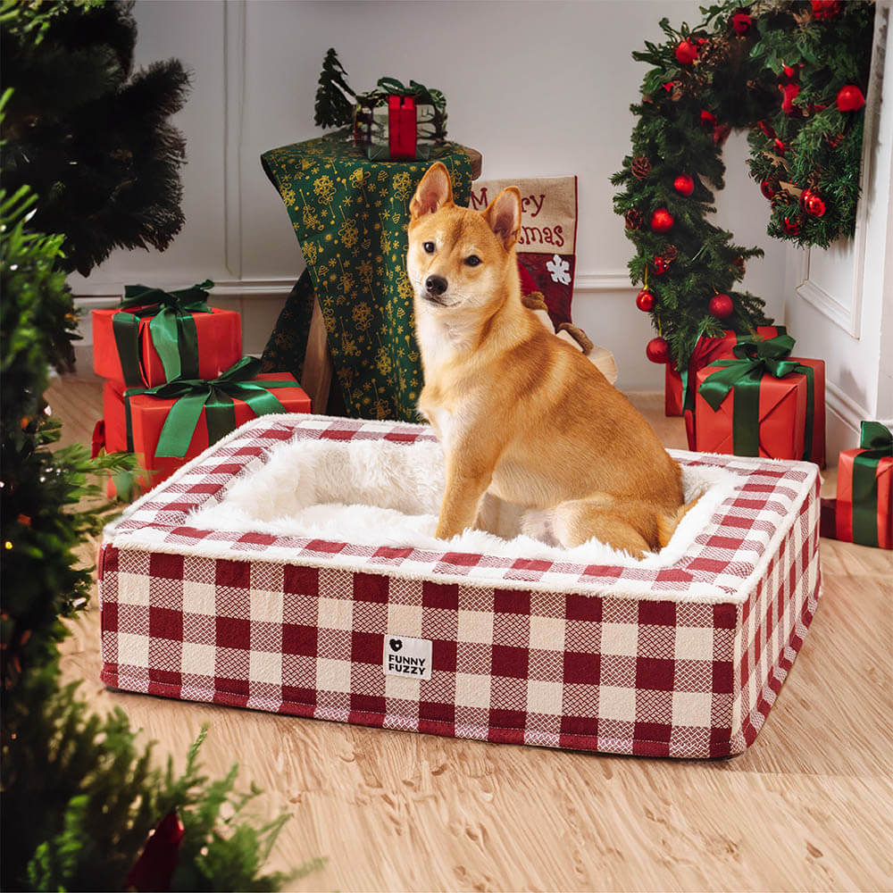 Plaid Raised-Edge Dog Bed with Memory Foam Bolster Support for Calming Sleep | Small to Extra Large Sizes | Classic Checkered Pattern Pet | Thomler