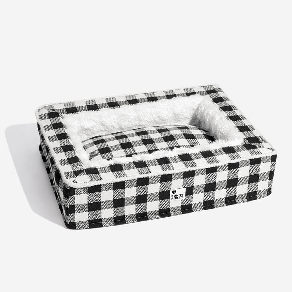 Plaid Raised-Edge Dog Bed with Memory Foam Bolster Support for Calming Sleep | Small to Extra Large Sizes | Classic Checkered Pattern Pet | Thomler