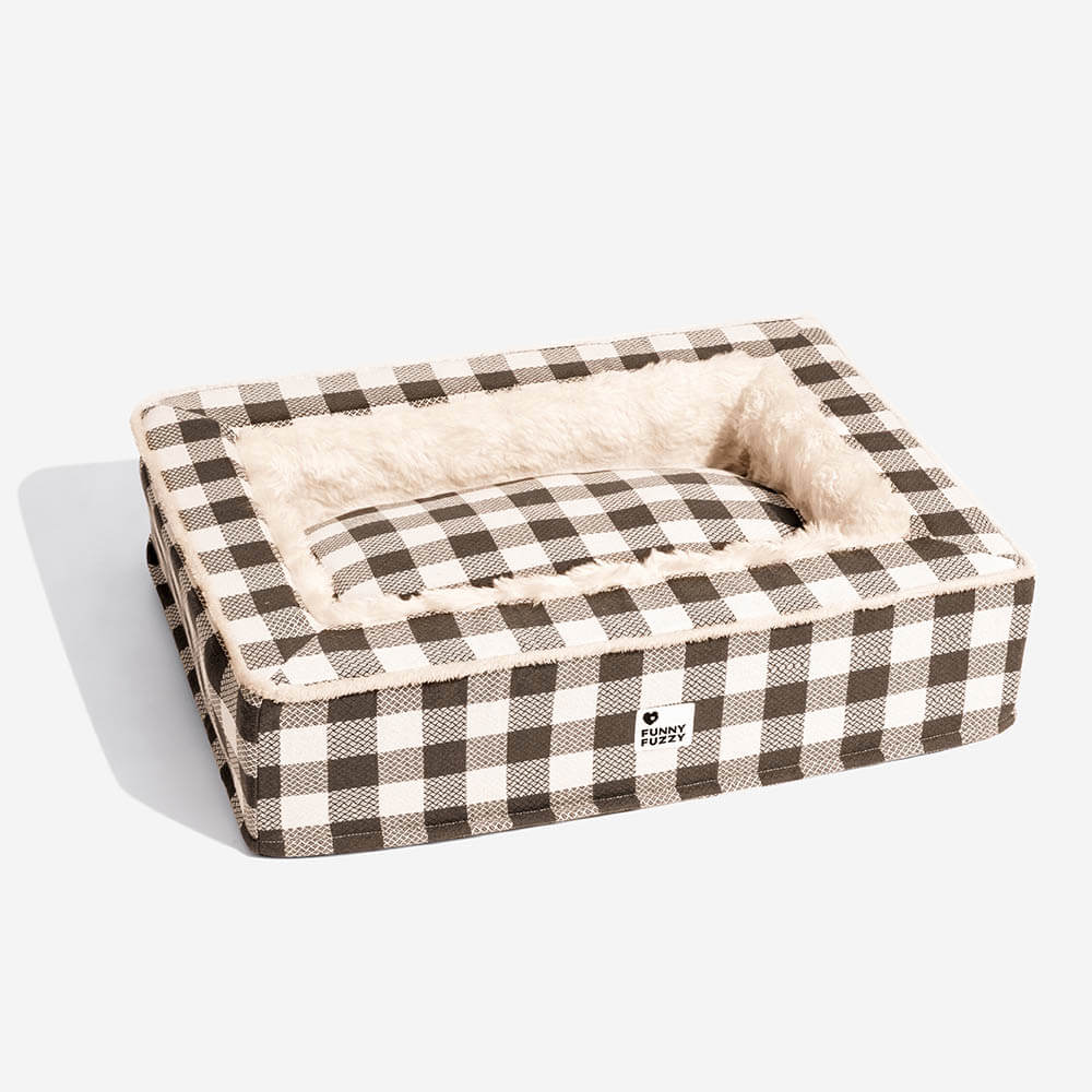 Plaid Raised-Edge Dog Bed with Memory Foam Bolster Support for Calming Sleep | Small to Extra Large Sizes | Classic Checkered Pattern Pet | Thomler