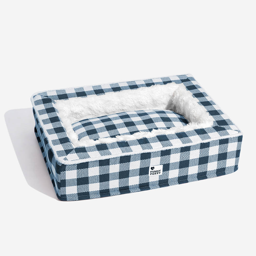 Plaid Raised-Edge Dog Bed with Memory Foam Bolster Support for Calming Sleep | Small to Extra Large Sizes | Classic Checkered Pattern Pet | Thomler