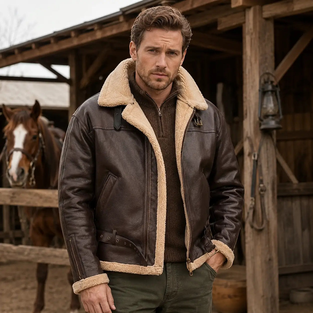 Men's Faux Shearling Aviator Jacket – Insulated Leather Look Bomber Coat with High Collar | Thomler