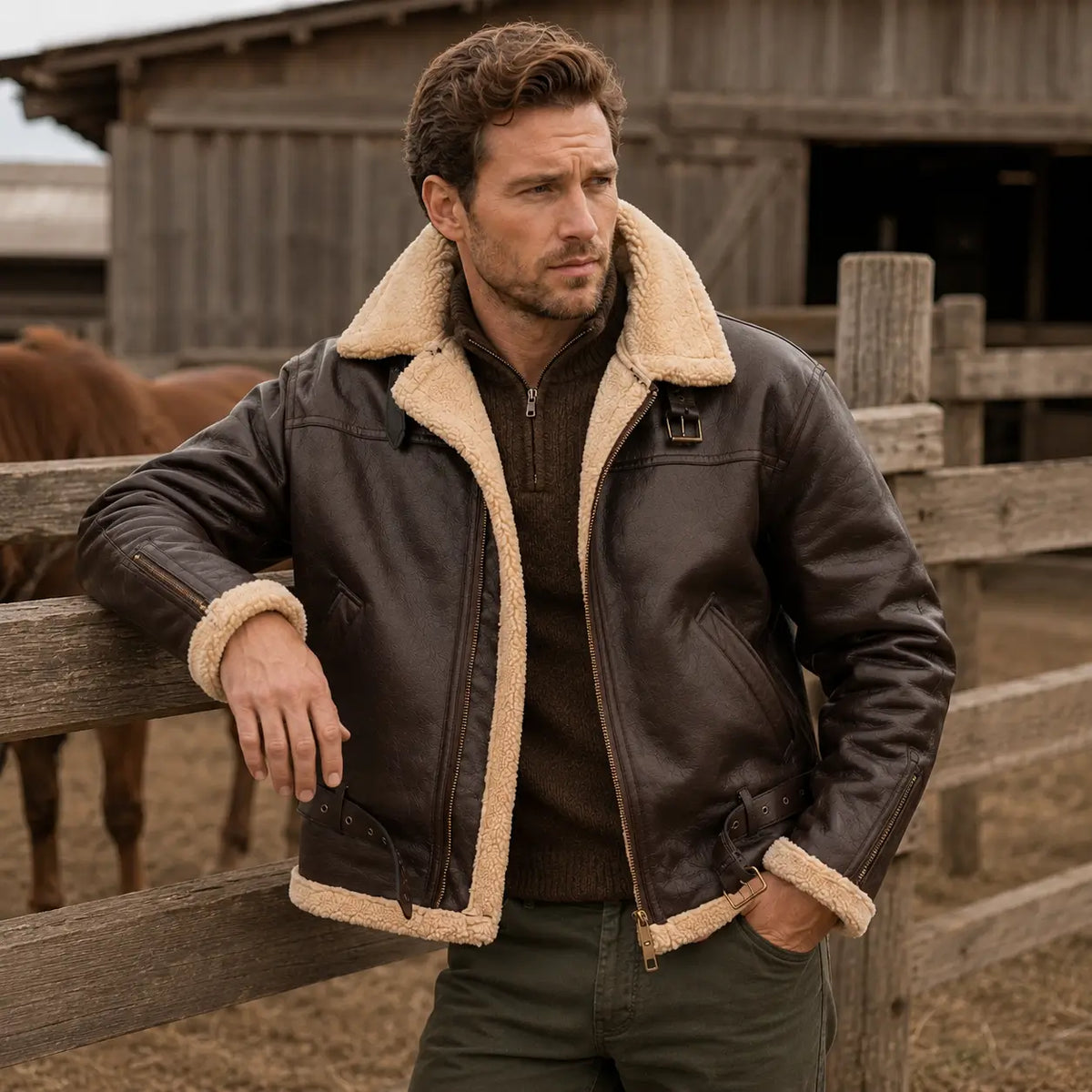 Men's Faux Shearling Aviator Jacket – Insulated Leather Look Bomber Coat with High Collar | Thomler