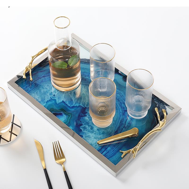 Serving Tray Glass Stainless Steel 16 in Blue Agate Pattern Dining Coffee Table Decorative Rectangle Round Display Platter | Thomler