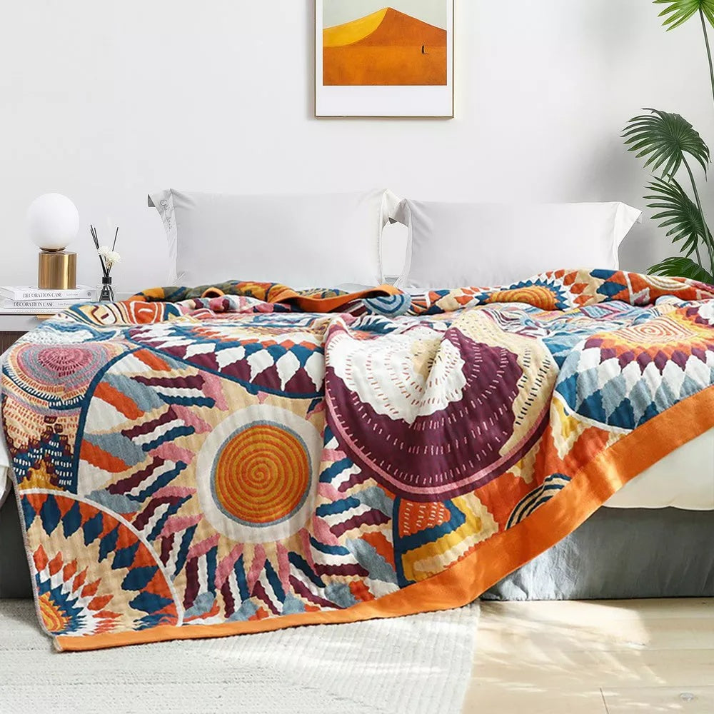 100% Cotton Throw Blanket Sunburst Pattern All-Season Lightweight Bed Sofa Couch Cover for Bedroom Living Room Travel | Thomler
