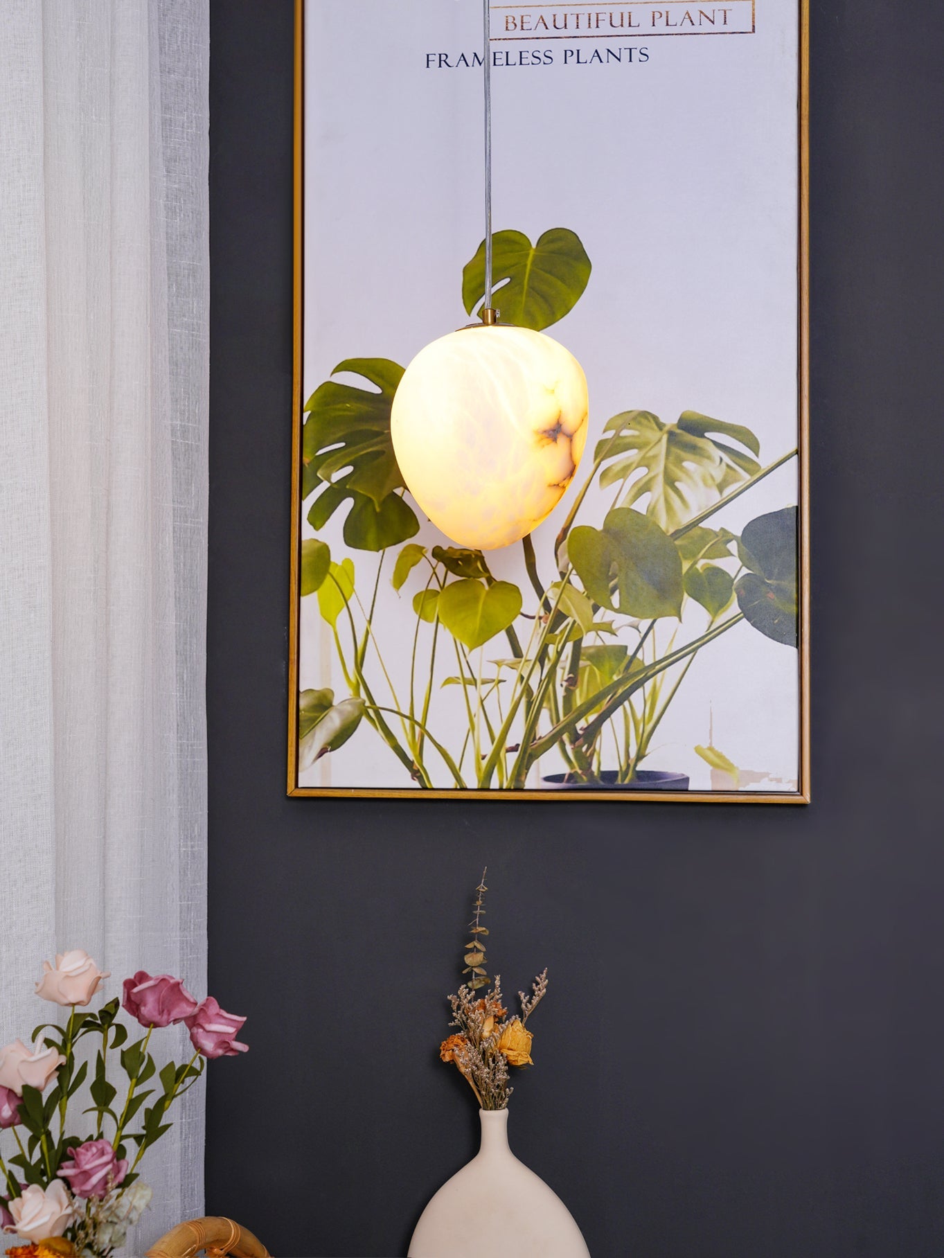 Pendant Light Brass Alabaster 9.1 in Ceiling Mount Indoor Dining Room Kitchen Island Hanging Lamp | Thomler