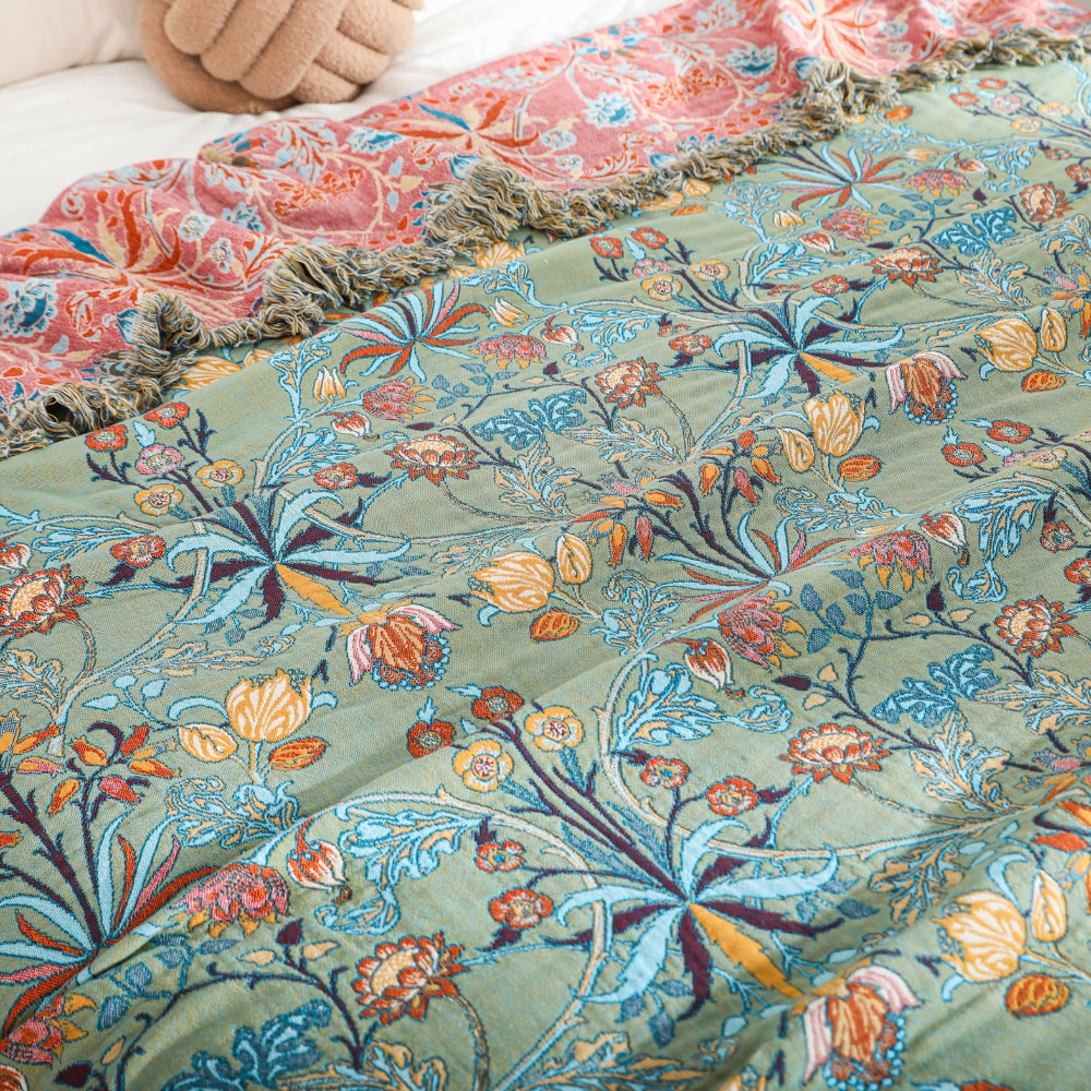 Reversible Cotton Throw Blanket with Tassels - Jacquard Floral Bedspread for Couch, Sofa & Bed - 100% Breathable Woven Fabric - 79x91 in | Thomler