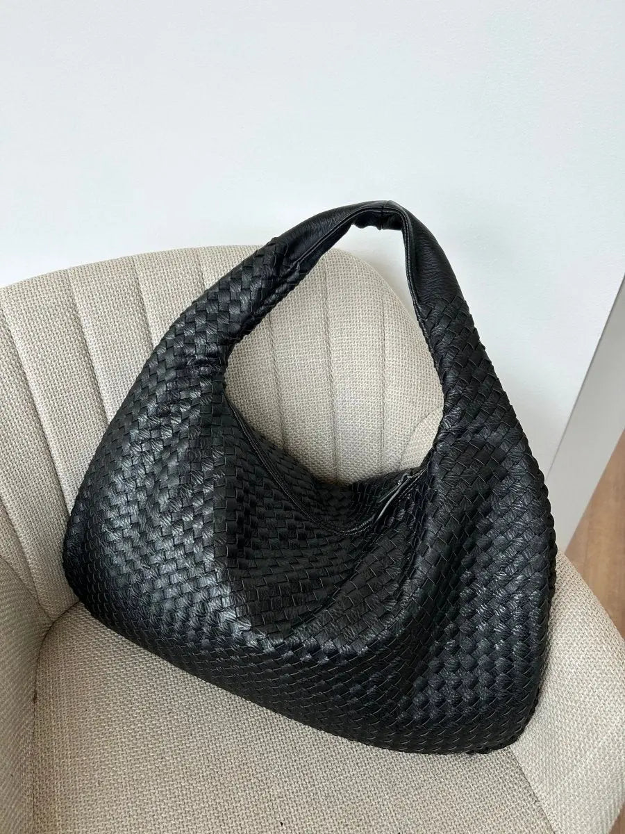 Woven Leather Hobo Shoulder Bag for Women - Soft Genuine Leather Everyday Purse with Zip Closure - Lightweight 19 in Tote for Daily Use | Thomler