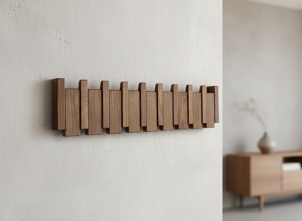 Musical Instrument Wall Mounted Coat Rack with Wooden Hooks for Entryway Storage Organizer 4 6 8 Pegs Hanging Rail Space Saving Design | Thomler