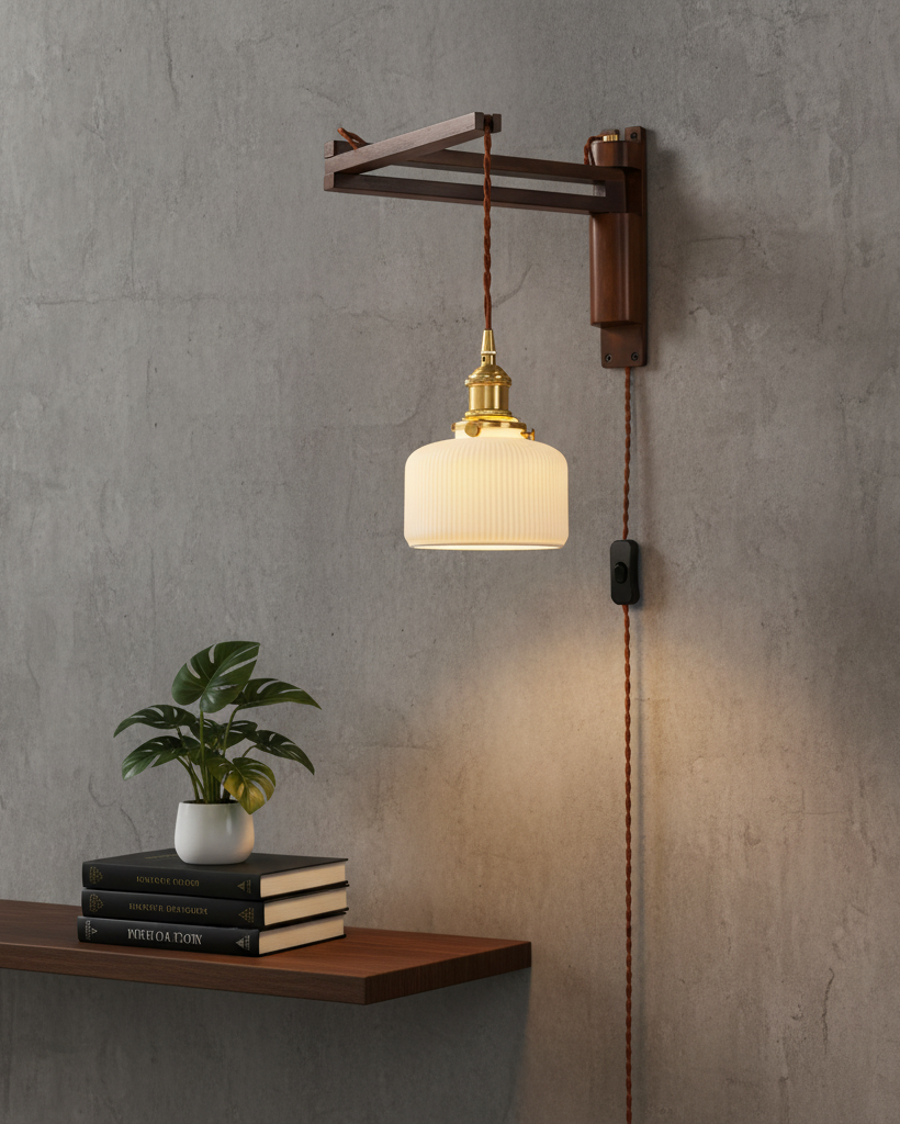 Wall Lamp Wood Adjustable Arm 9 in (23.0 cm) E26 Indoor Bedroom Living Room Lighting Fixture Frosted Glass Amber White Pleated Shade | Thomler