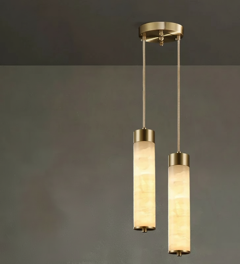 Stone Shade Hanging Fixture with Copper Accent – LED Pendant for Bedroom & Entryway | Thomler