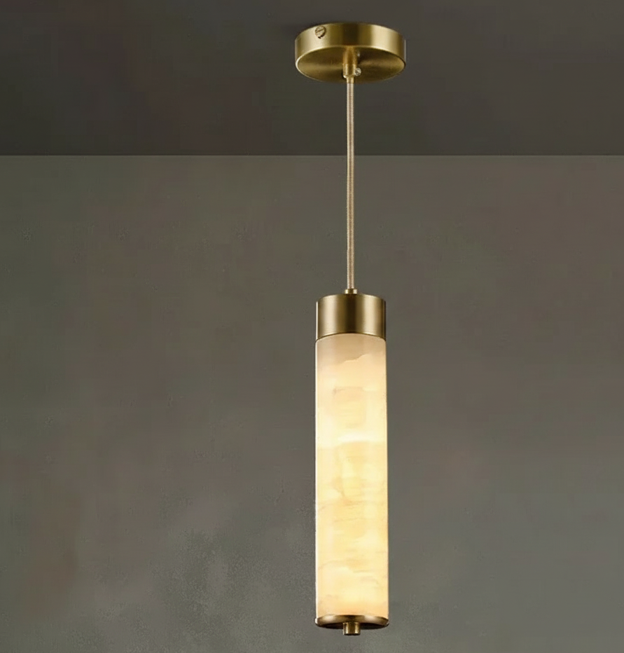 Stone Shade Hanging Fixture with Copper Accent – LED Pendant for Bedroom & Entryway | Thomler