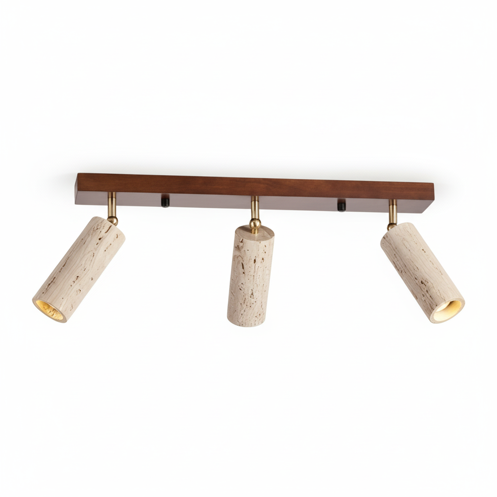 Ceiling Spotlight Travertine Wood 23.6 in 3 Head Adjustable Indoor Lighting Fixture Modern Surface Mounted Accent Lamp | Thomler