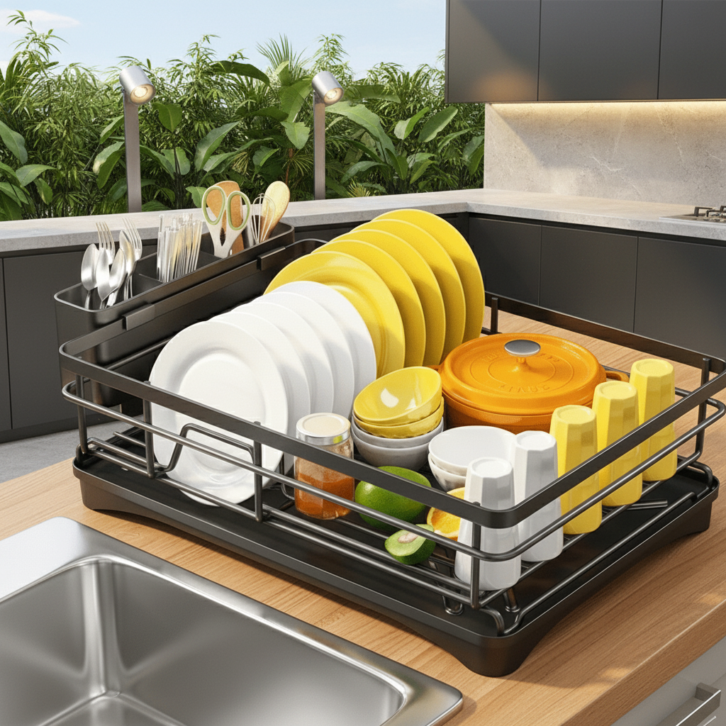 Countertop Dish Drying Rack with Drain Tray & Cutlery Caddy – Steel & Plastic for Kitchen Sink Organization | Thomler