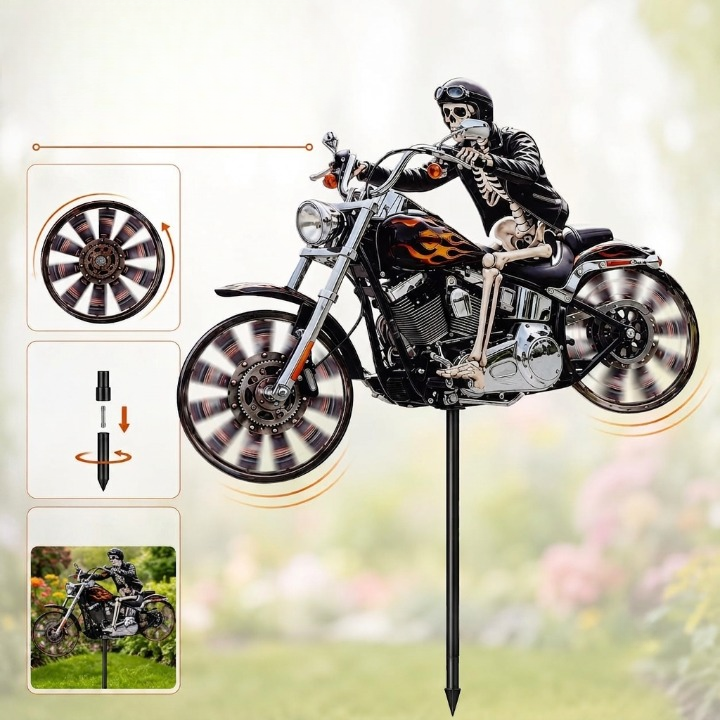 Skeleton Biker Wind Spinner Garden Stake Metal Chopper Motorcycle Lawn Ornament Outdoor Yard Art Halloween Decoration Spinning Wheels for | Thomler