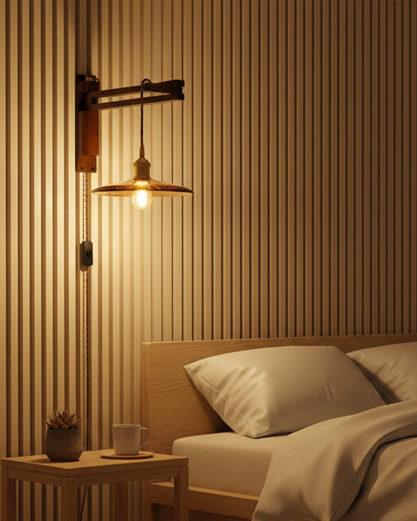 Wall Lamp Wood Adjustable Arm 9 in (23.0 cm) E26 Indoor Bedroom Living Room Lighting Fixture Frosted Glass Amber White Pleated Shade | Thomler