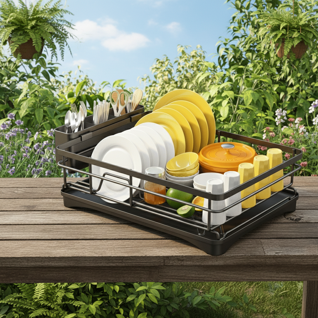 Countertop Dish Drying Rack with Drain Tray & Cutlery Caddy – Steel & Plastic for Kitchen Sink Organization | Thomler
