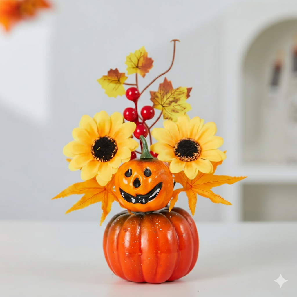 Harvest Scene Tabletop Centerpiece with Gourds and Fall Foliage – Handcrafted Artificial Thanksgiving Display for Living Room and Dining | Thomler