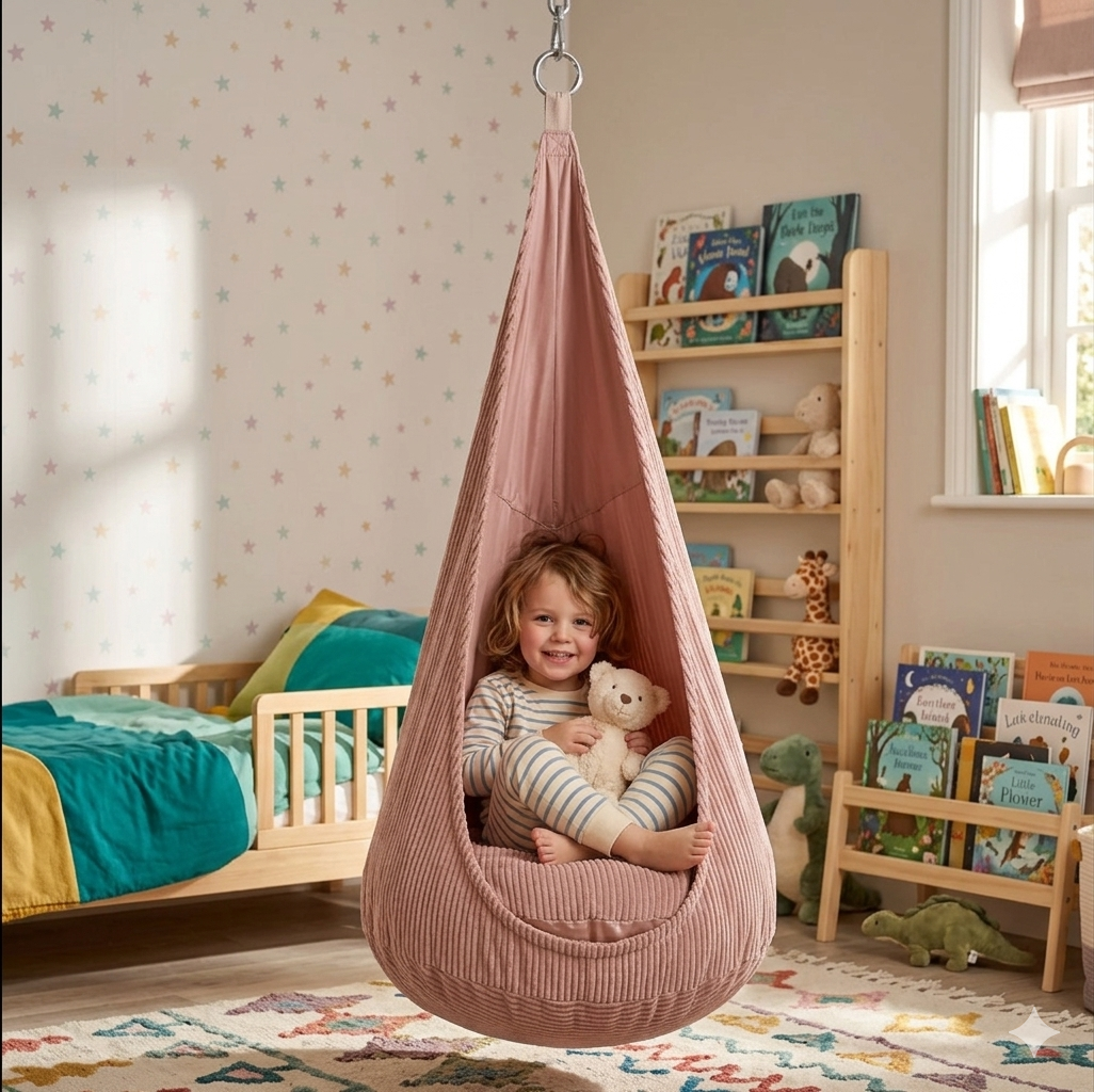 Sensory Swing Corduroy 61.8 in Pink Indoor Reading Nook Hanging Chair Kids Cocoon Seat Playroom Relaxation | Thomler