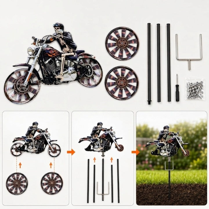 Skeleton Biker Wind Spinner Garden Stake Metal Chopper Motorcycle Lawn Ornament Outdoor Yard Art Halloween Decoration Spinning Wheels for | Thomler