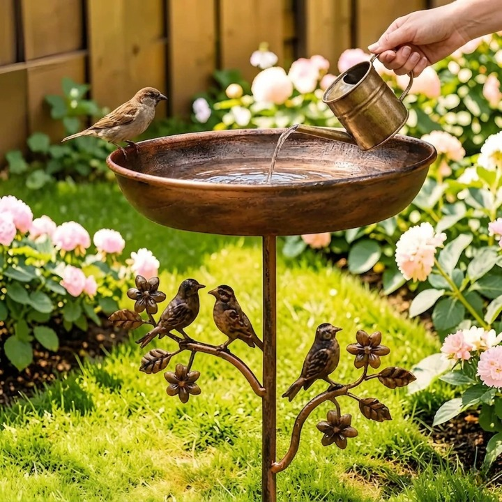 Gartenvogeltränke am Metallspieß – Vintage Kupfer-Optik