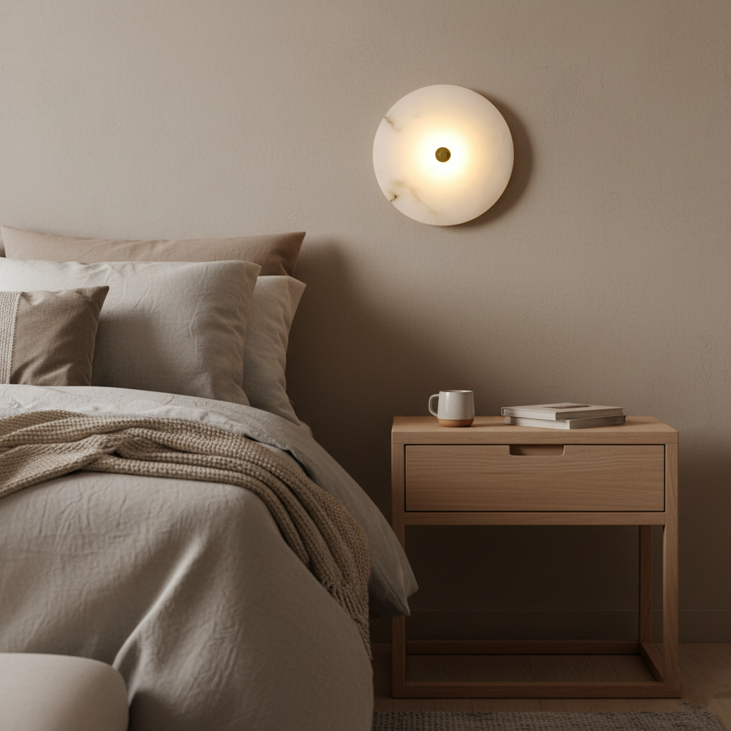Wall Lamp Alabaster Stone 12.6 in LED Warm Light Indoor Bedroom Hallway Modern Round Marble Sconce Ambient Lighting Fixture | Thomler