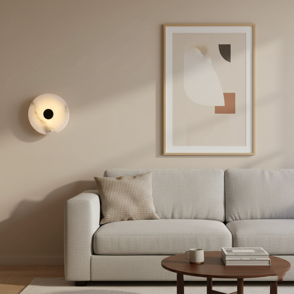 Wall Lamp Alabaster Stone 12.6 in LED Warm Light Indoor Bedroom Hallway Modern Round Marble Sconce Ambient Lighting Fixture | Thomler