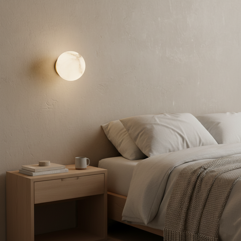 Wall Lamp Alabaster Globe 4.7 in White Bedroom Hallway Ambient Lighting Minimalist Japandi Accent Fixture | Thomler