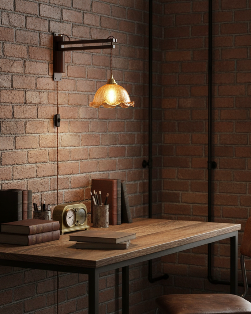 Wall Lamp Wood Adjustable Arm 9 in (23.0 cm) E26 Indoor Bedroom Living Room Lighting Fixture Frosted Glass Amber White Pleated Shade | Thomler