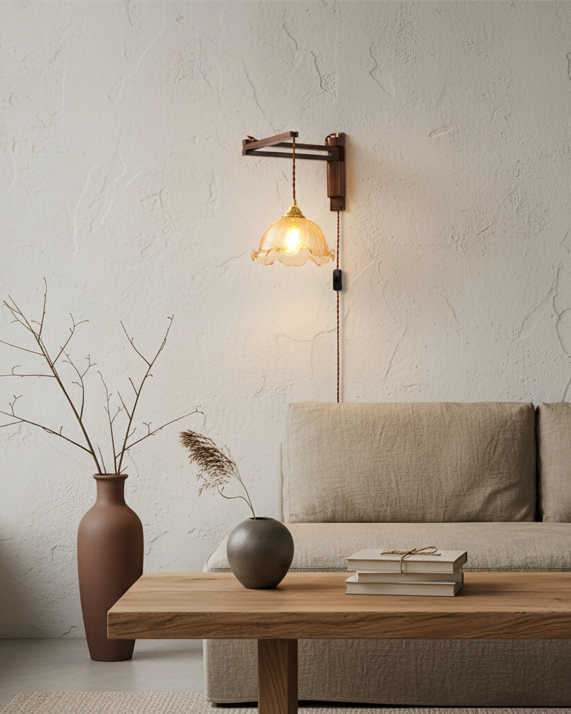 Wall Lamp Wood Adjustable Arm 9 in (23.0 cm) E26 Indoor Bedroom Living Room Lighting Fixture Frosted Glass Amber White Pleated Shade | Thomler