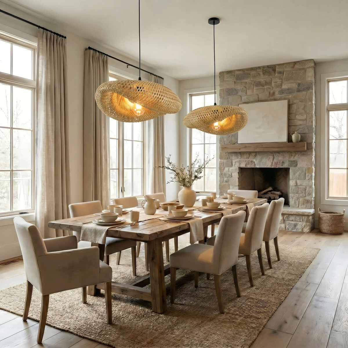 Woven Rattan Pendant Light with Adjustable Height for Dining Room & Kitchen | Natural Ceiling Fixture with E27 Socket | Scandinavian | Thomler