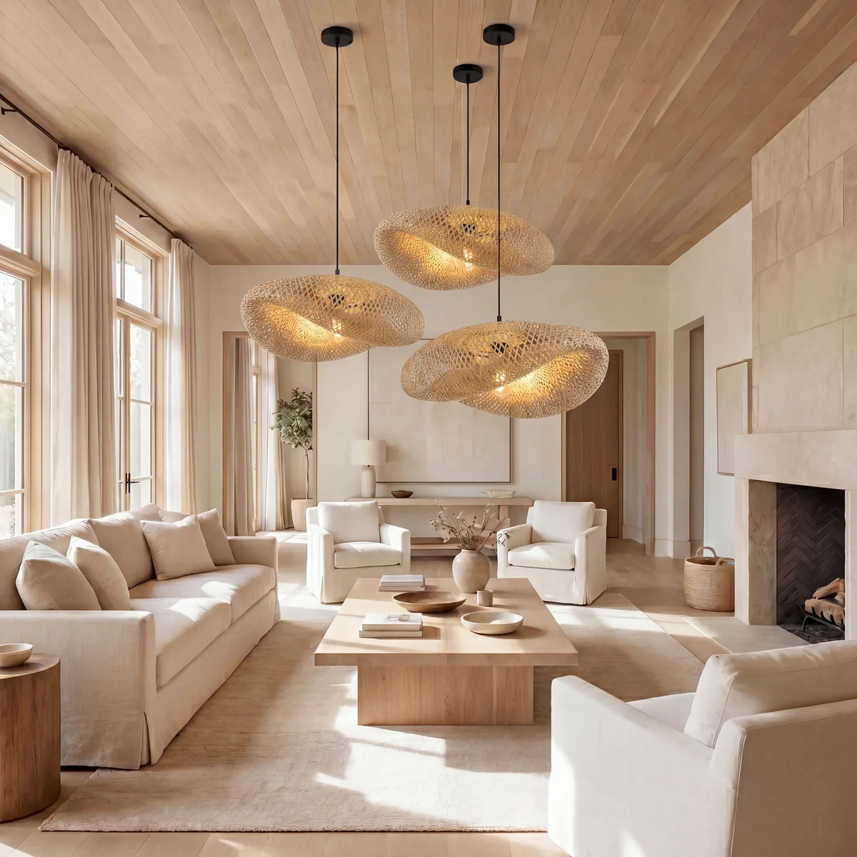 Woven Rattan Pendant Light with Adjustable Height for Dining Room & Kitchen | Natural Ceiling Fixture with E27 Socket | Scandinavian | Thomler