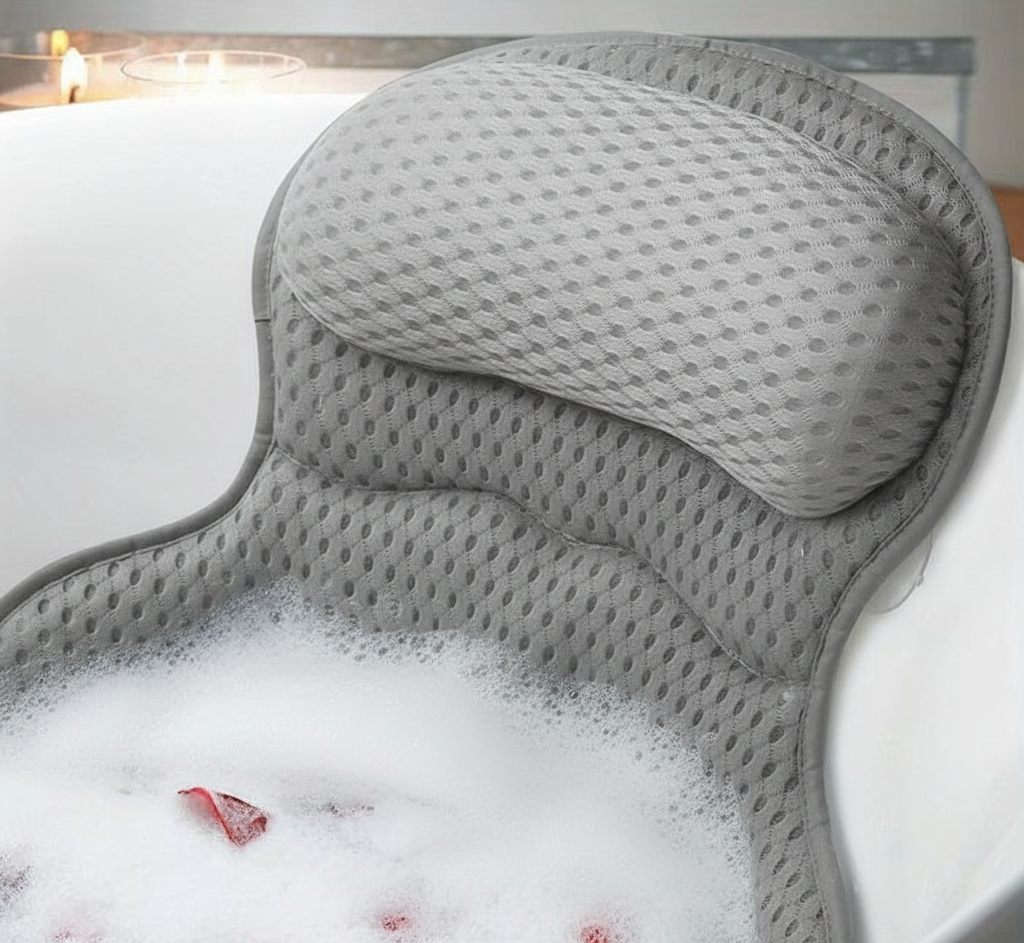 Contoured Spa Bath Pillow with Suction Cups for Neck and Back Support – Breathable 4D Mesh Design | Thomler