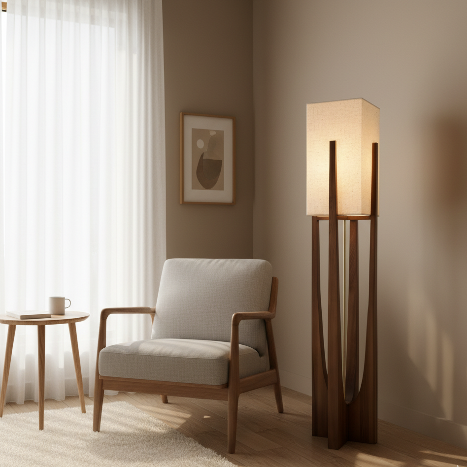 Japanese-Inspired Fabric & Wood Floor Lamp with Natural Minimalist Design | Wabi-Sabi Style Ambient Lighting for Living Room, Bedroom | Thomler