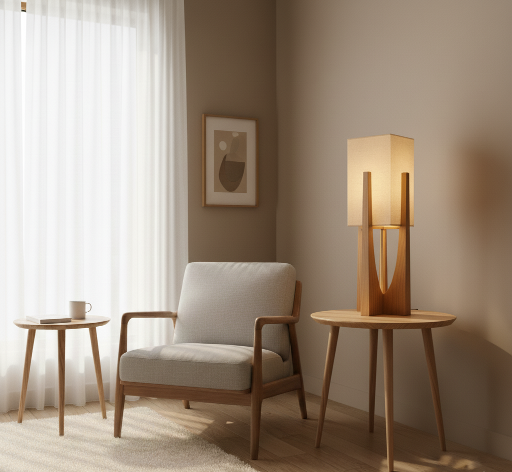 Japanese-Inspired Fabric & Wood Floor Lamp with Natural Minimalist Design | Wabi-Sabi Style Ambient Lighting for Living Room, Bedroom | Thomler