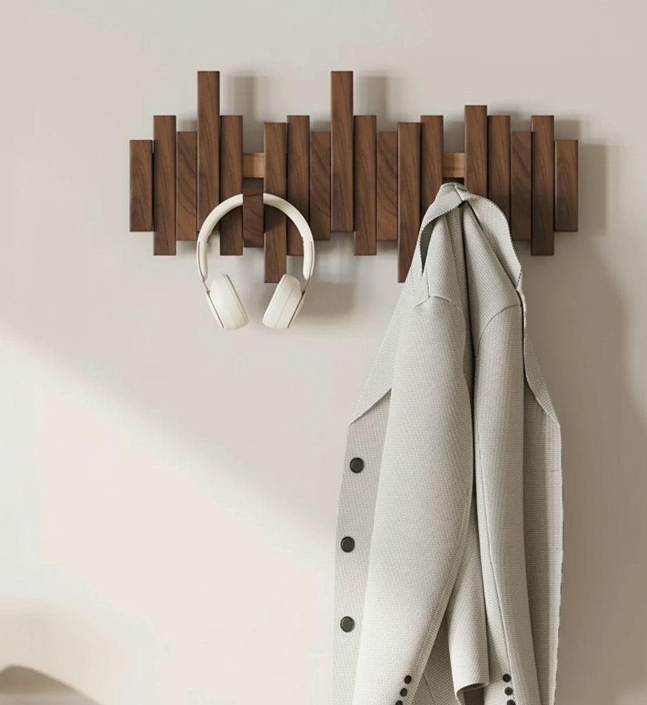 Wall-Mount Coat Rack with Wood Pegs – 3 to 8 Hook Styles in Walnut or Beech | Thomler