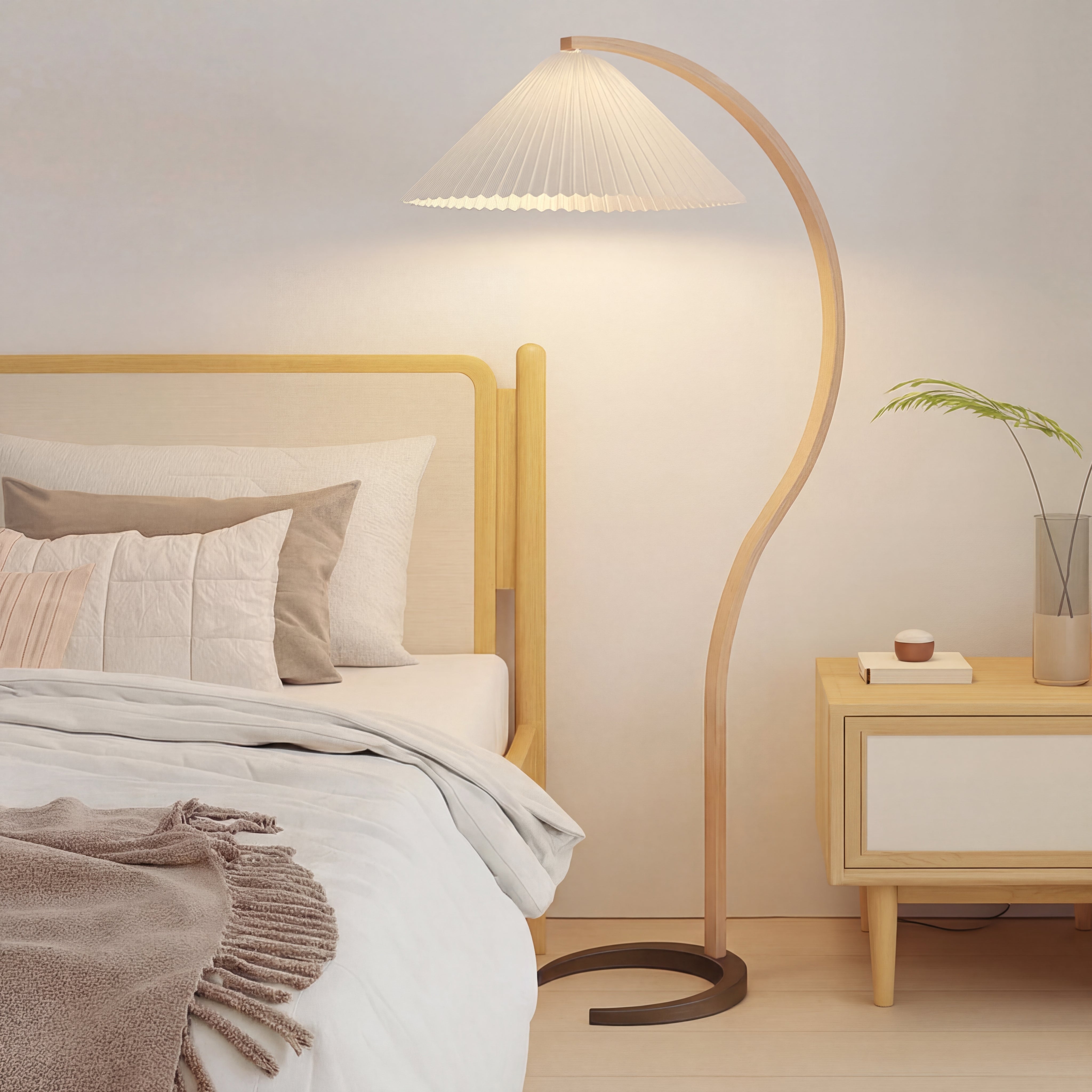 Pendant Floor Lamp Beech Wood Linen Ø75.0 cm x H150.0 cm Warm Living Room Lighting Scandinavian Organic Design Arc Light | Thomler