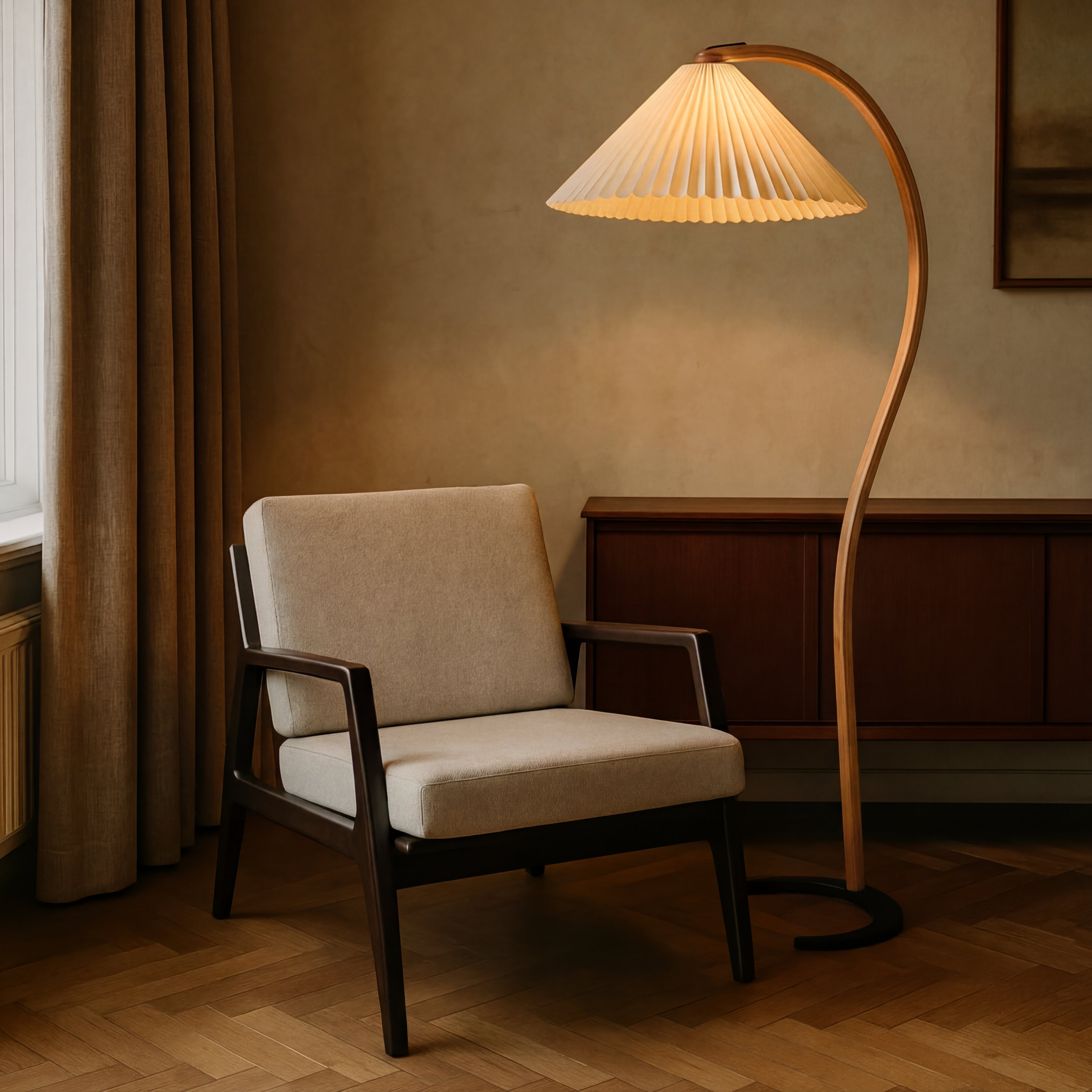 Pendant Floor Lamp Beech Wood Linen Ø75.0 cm x H150.0 cm Warm Living Room Lighting Scandinavian Organic Design Arc Light | Thomler