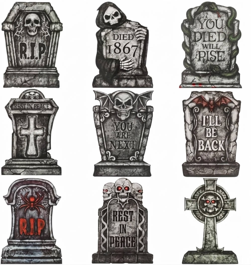 16-Inch Graveyard Tombstone Set with Ground Stakes for Outdoor Halloween Display – 9-Piece Collection | Thomler