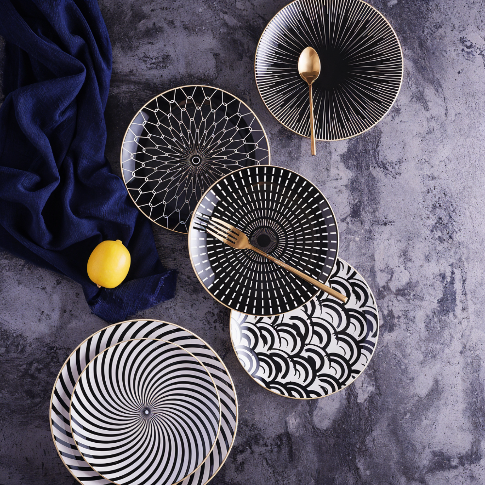 Porcelain Plate 25.0 cm (9.8") Geometric Black White Dining Table Serving Decorative Dinnerware Gold Rim Collection | Thomler