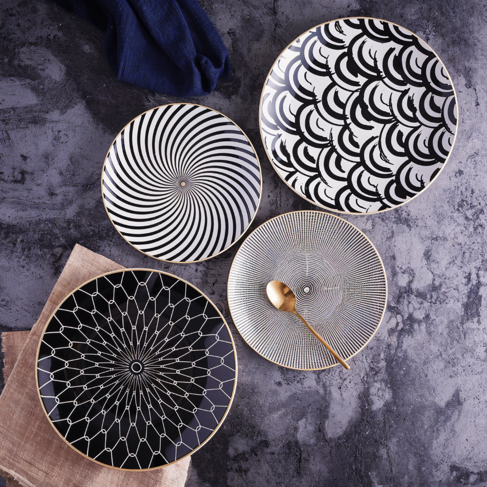 Porcelain Plate 25.0 cm (9.8") Geometric Black White Dining Table Serving Decorative Dinnerware Gold Rim Collection | Thomler